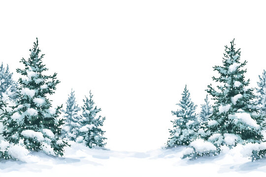 A serene, snowy winter forest landscape featuring tall evergreen pine trees covered in fresh snow. The scene has a calm and peaceful atmosphere, ideal as a seasonal background or holiday card backdrop