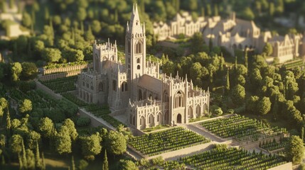 Majestic Gothic Abbey in Vineyard Landscape - Ultra-Detailed 3D Render Illustration of Gothic Architecture and Nature Harmony