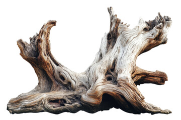 Artistic piece of driftwood with intricate textures and natural colors, isolated on a white background.