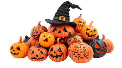 Heap of Jack O Lantern Halloween pumpkins with various different designs and witches hat isolated on transparent background