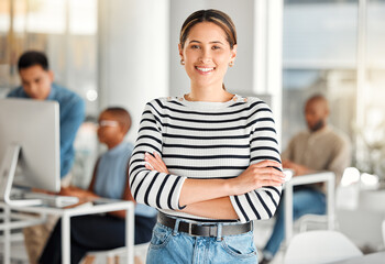 Business woman, portrait and arms crossed in office with content creation team and smile. Happy,...