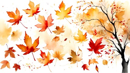 Obraz premium Dreamlike ink wash of autumn leaves falling softly in golden and red tones, blending into white. AI-generated. 