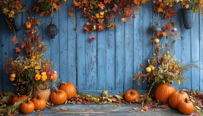 A rustic blue wooden backdrop adorned with pumpkins and a tapestry colorful leaves, evoking a charming autumn vibe.