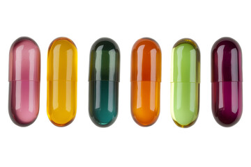 Colorful capsules arranged in a row, ideal for wellness and pharmaceutical concepts.