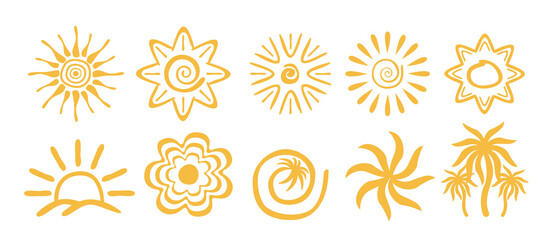 Tropical summer drawing icons set. Pack of suns, palms and leaves. Holiday and vacation in exotic countries. Graphic elements for website. Flat vector collection © Aleksey