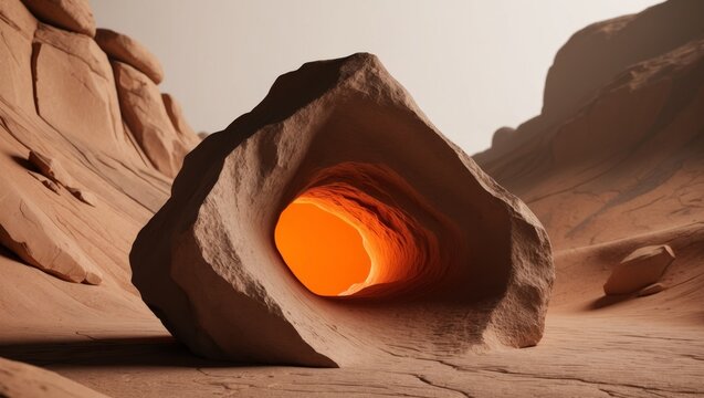 A tight shot of a rock formation with an orange light at its heart within the framed image area.