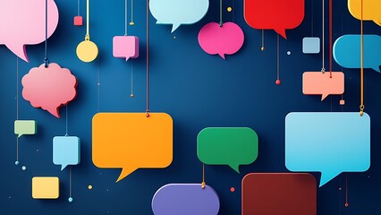 a variety of colorful speech bubbles in different shapes and sizes, suspended against a dark blue background, symbolizing communication and social interaction
