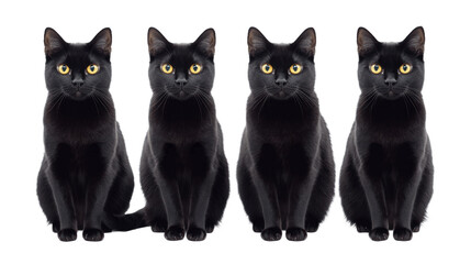 Three sitting black cat with yellow eyes isolated on transparent background