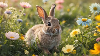 Fototapeta premium Enchanting Rabbit Amid Lush Meadow with Wildflowers in Soft Sunlight.