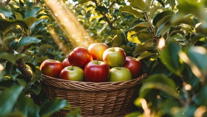 Fresh Apples in a Basket Under Sunlit Orchard.