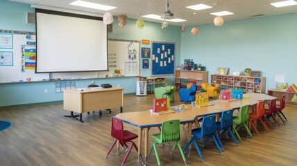 Bright and Cheerful Elementary Classroom Set up for Engaging Learning Activities During School Hours. Generative AI