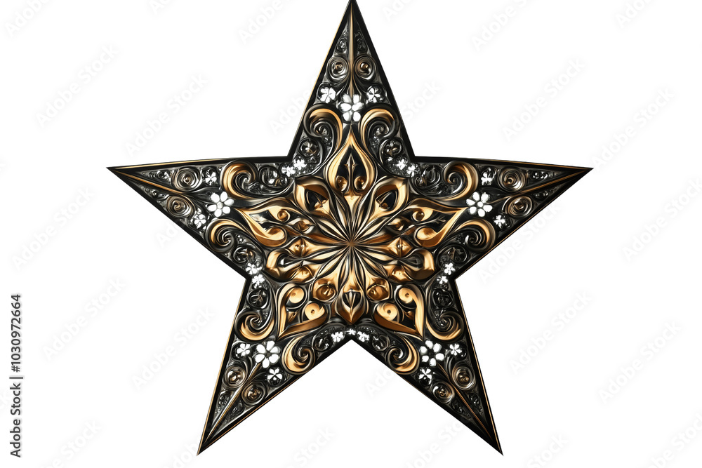 Aufkleber decorative star design featuring ornate patterns in gold and black on a transparent background.