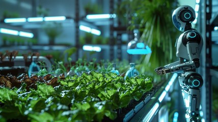 Future Hydroponic farm in greenhouse laboratory with robot assistant.