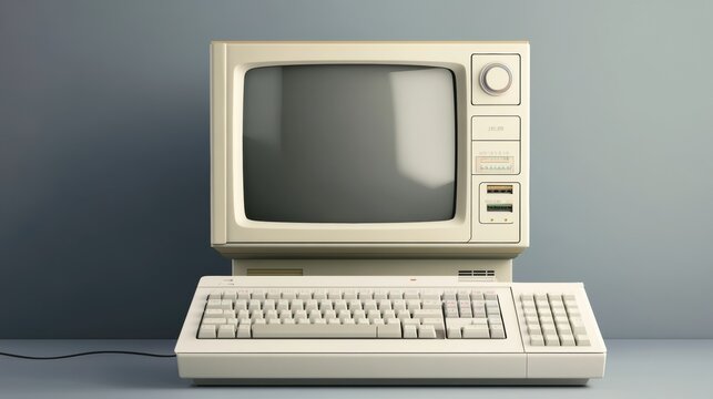 A 1990s Classic Personal Computer Setup With Keyboard and Monitor Against a Minimalist Backdrop. Generative AI - Powered by Adobe