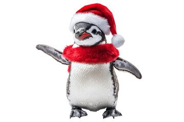 Fototapeta premium Festive penguin wearing a Santa hat and red scarf, perfect for holiday-themed decorations and celebrations.
