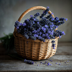 Fototapeta premium Rustic basket overflowing with fragrant lavender blooms in moody lighting