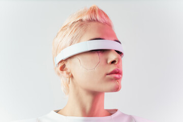 Representation of a bionic super human with advanced technology parts as vr visors and gadgets...