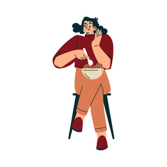 Woman Character in Cafe Sitting on Chair with Noodle Bowl Eat Food Vector Illustration