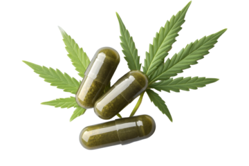 Green capsules placed on cannabis leaves with a white isolate background.