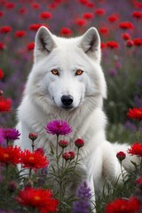 Obraz premium A white wolf with fiery red eyes sits amidst a vibrant field of red and purple blooms Red and purple flowers surround the wolf in the foreground.