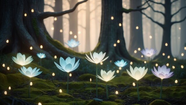Magical Forest Glade with Glowing Flowers and Lights.