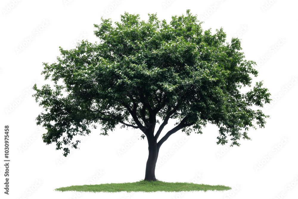 Poster lush green tree with a broad canopy on a white isolate background, symbolizing nature and tranquilit