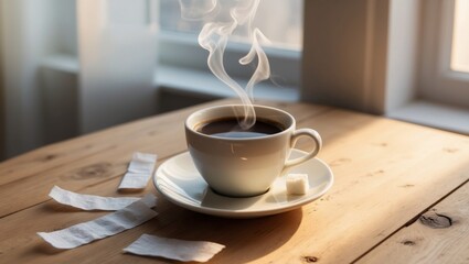 Morning Coffee on a Wooden Table in Natural Light.