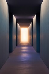 Dark corridor with distant glowing light.