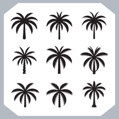 Fototapeta premium Logotype black simple palm tree vector silhouettes, Palm Trees Silhouette, Coconut Tree Silhouette on white background