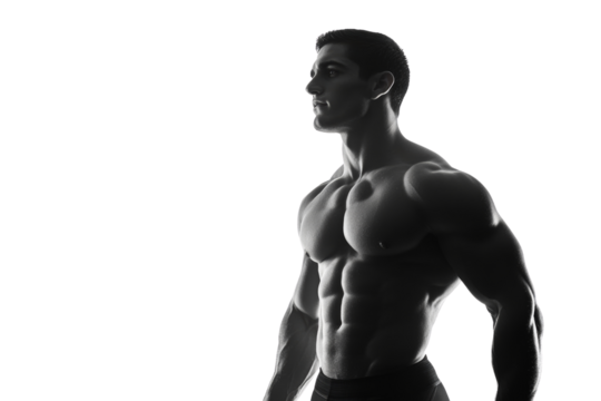 Muscular man in profile, strong physique, posing against a white isolated background.