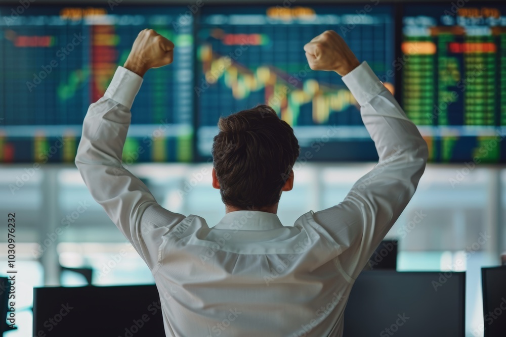 Poster manager with his hands raised up in front of a stock chart on an lcd display. excited businessman ce