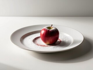 An apple sits on top of a white plate sprinkled with powdered sugar.
