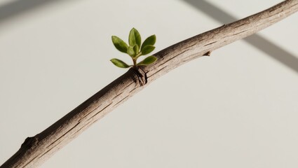 A tight shot of a wooden branch bearing a tiny green plant at its tip.