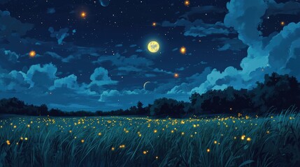 Fireflies Illuminating Night Sky: A Tranquil Landscape in August Moonlight