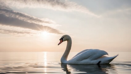 Naklejka premium A white swan gracefully floats on top of the water next to a brilliant sunburst.