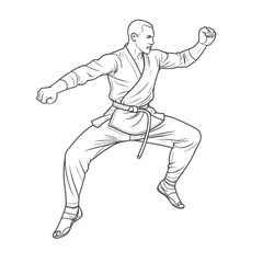 a man in a fighting stance and a martial artist in mid-jump vector line art, isolated white background