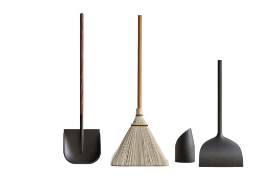 Set of cleaning tools including a broom, shovel, and dustpan against a white background.