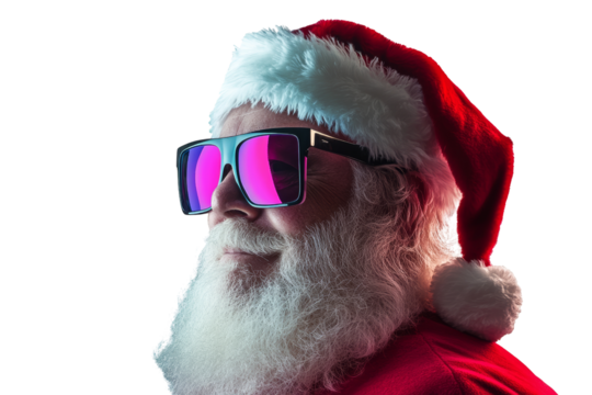Santa Claus with sunglasses, festive and playful look, against a white isolate background.