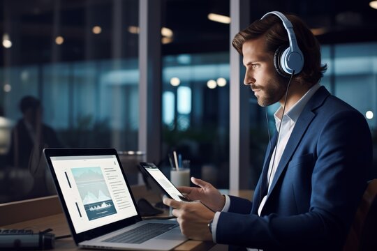 Young handsome Caucasian businessman working on laptop in headphones. Sitting at desk in modern office. Serious, focused. Investment Banker Using Tablet Computer with Financial Market Analytics Data