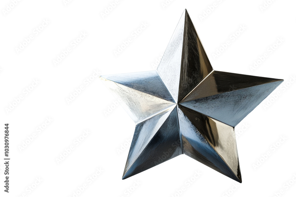 Poster shiny five-pointed star with a metallic finish on a white isolated background.