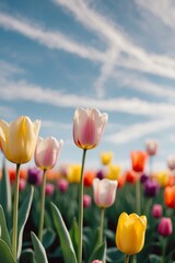 Fototapeta premium Colorful Tulip Field in Blooming Spring Light.