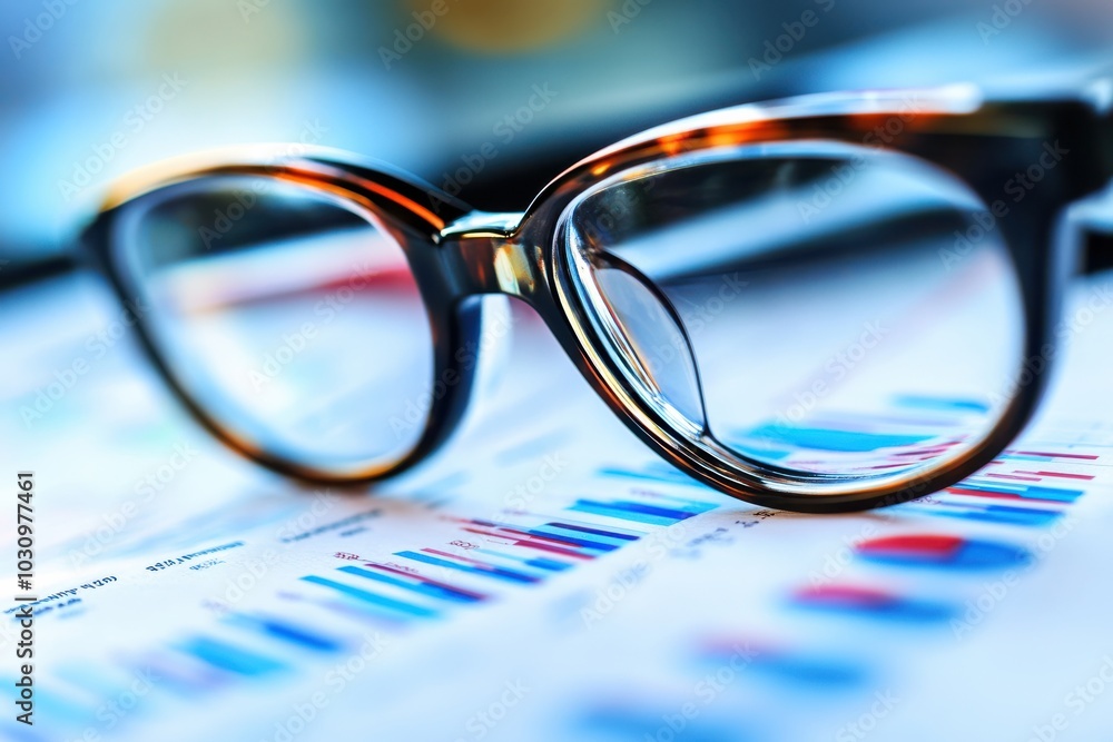 Poster analyzing data insights with glasses on a report
