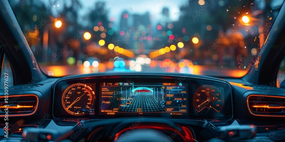 Poster futuristic car dashboard with digital displays and neon lights, showing navigation and speed in a vi
