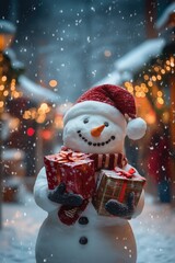 Snowman with christmas presents in his hands. Christmas lights and snowfall in the background, big editable space above him