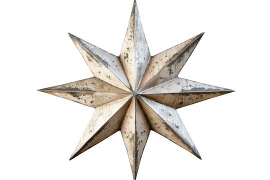 Three-dimensional star decoration on a white background, showcasing intricate details and vintage texture.