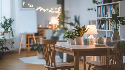 Cozy room with wooden table, plants, and a whiteboard
