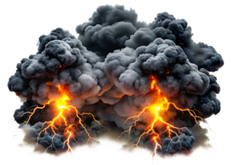 Black smoke storm clouds with fire and lightning isolated on white background as transparent. PNG. AI GENERATED