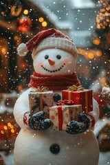 Snowman with christmas presents in his hands. Christmas lights and snowfall in the background, big editable space above him