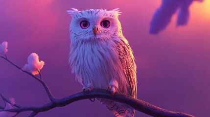 Fototapeta premium White Owl with Pink Eyes Perched on a Branch with Purple Background