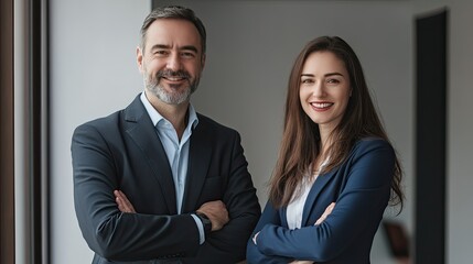 Photo of smiling businesswoman and business leader standing looking at camera while working.
